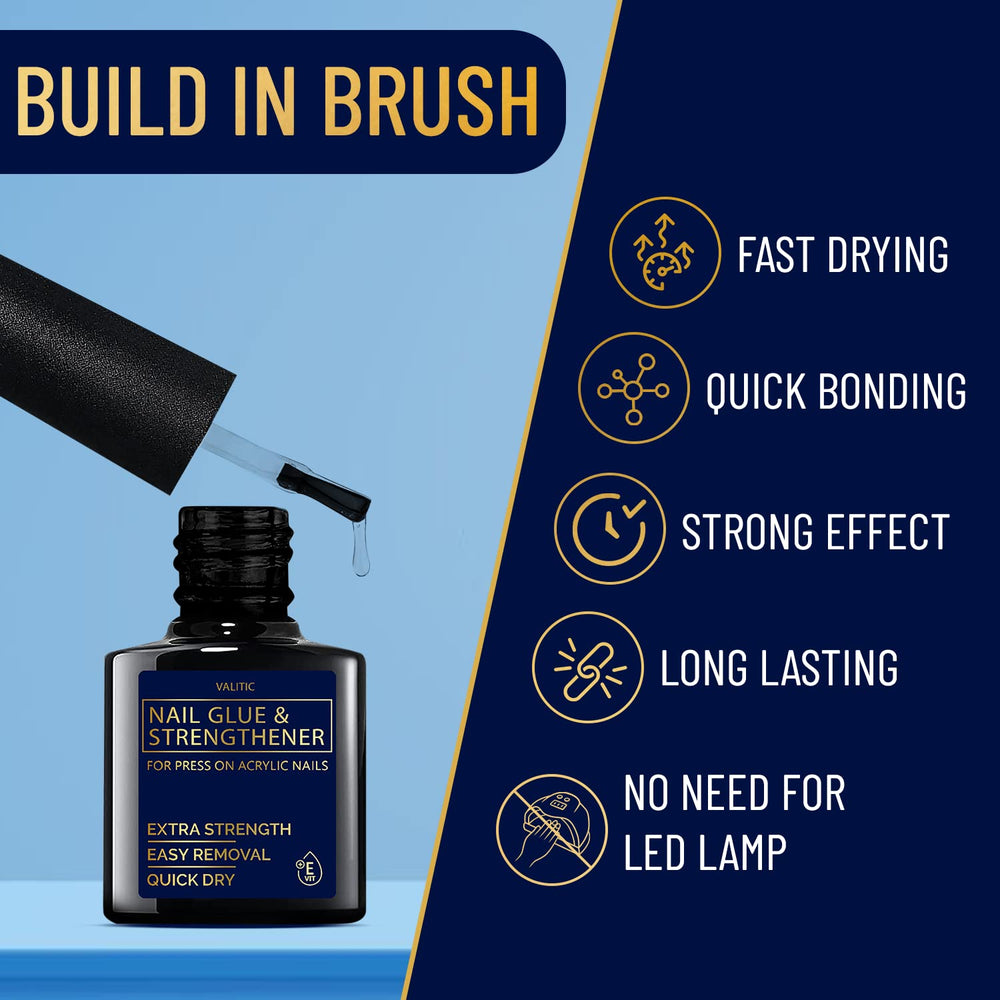 VALITIC Strong Nail Glue quick-dry application close-up for fast manicure results.