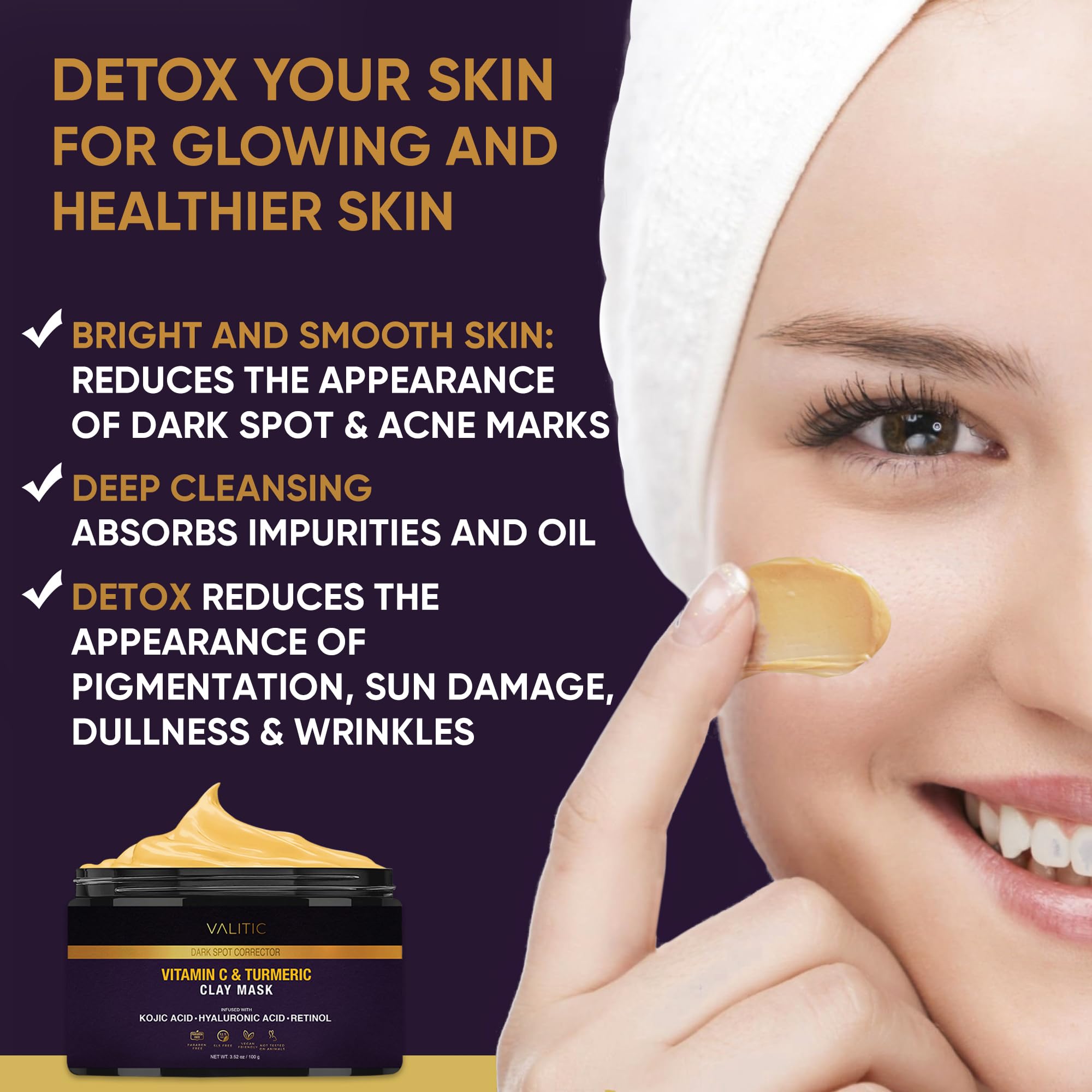 VALITIC mask purifies skin and reduces blackheads with a clay-based formula.