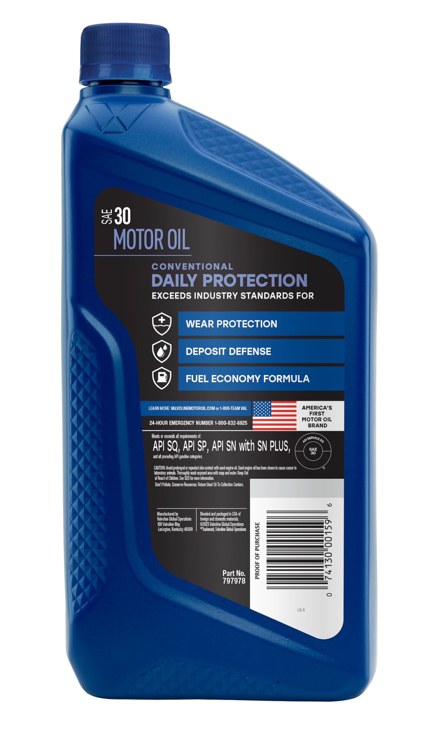 Valvoline Daily Protection label closeup highlighting additives for cleanliness.