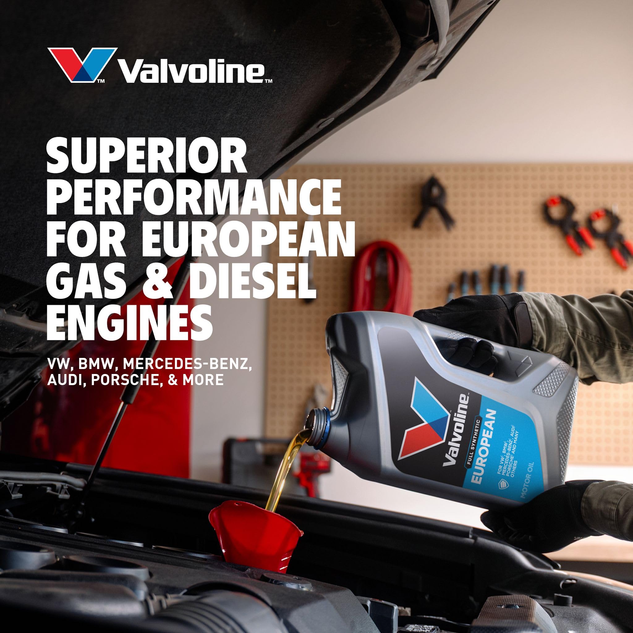 Engine bay scene showing clean oil in European car.