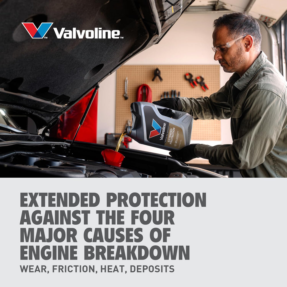 Valvoline Extended Protection label closeup notes synthetic technology for engine cleanliness