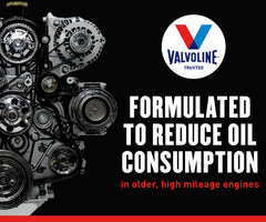 Valvoline High Mileage 150K oil being dispensed into engine during maintenance.