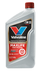 Valvoline MaxLife 5W-30 bottle highlighting high-mileage engine protection.