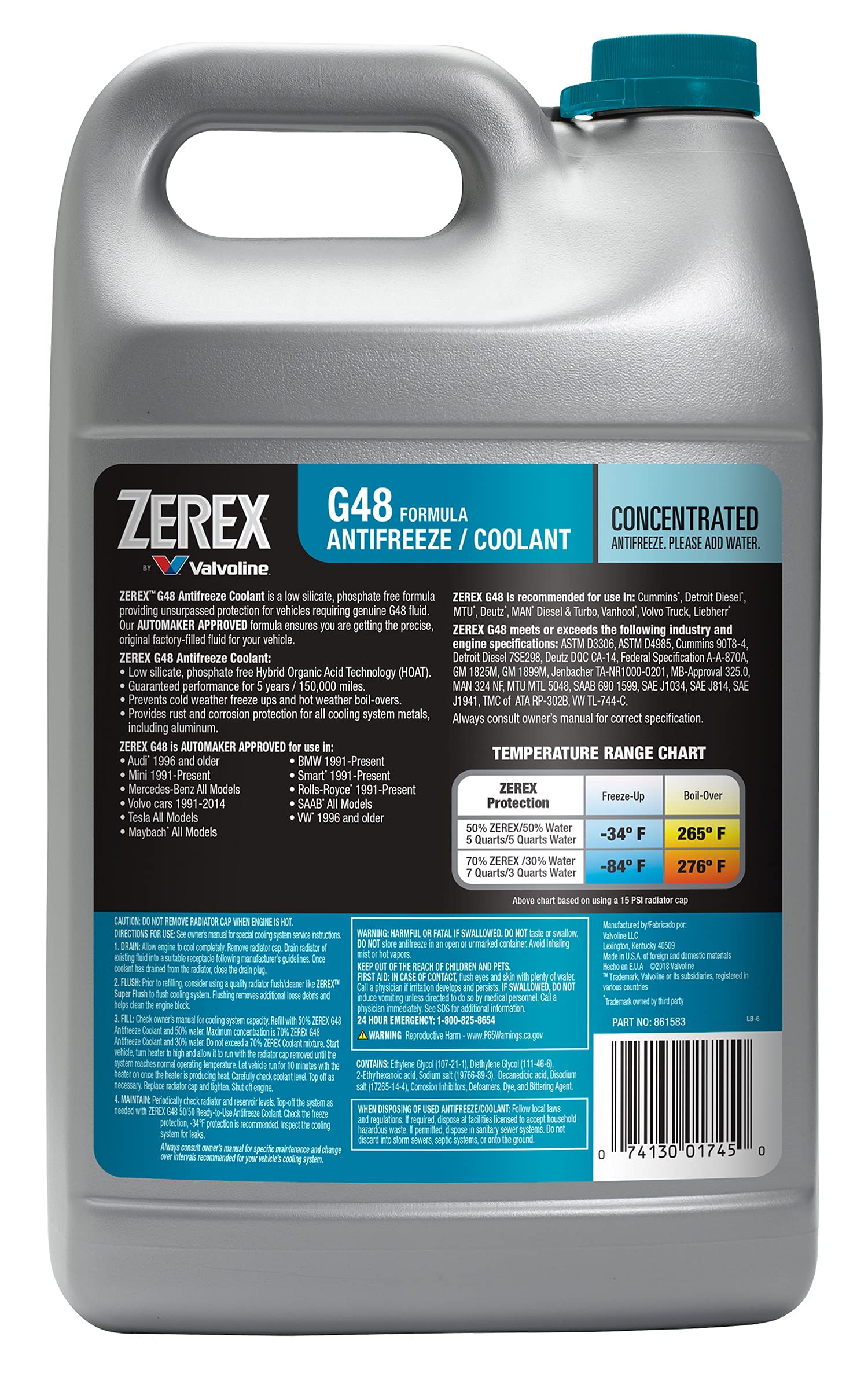 Valvoline Zerex G48 concentrate antifreeze label highlights extended service life benefits.