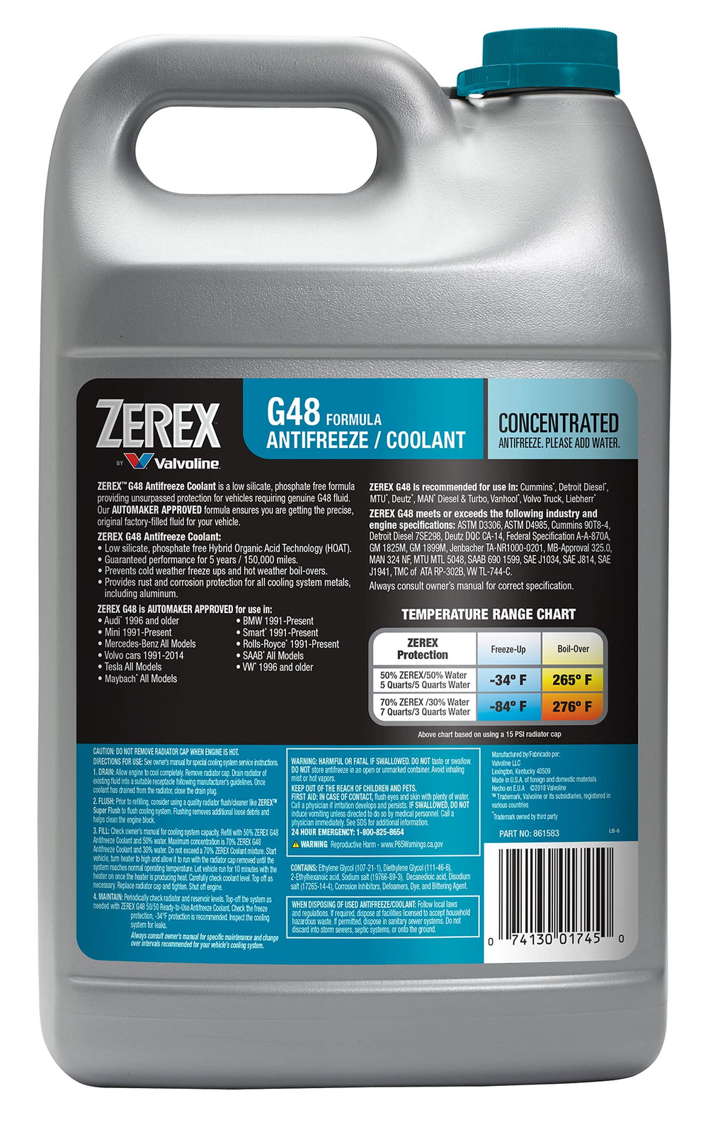 Valvoline Zerex G48 concentrate antifreeze label highlights extended service life benefits.