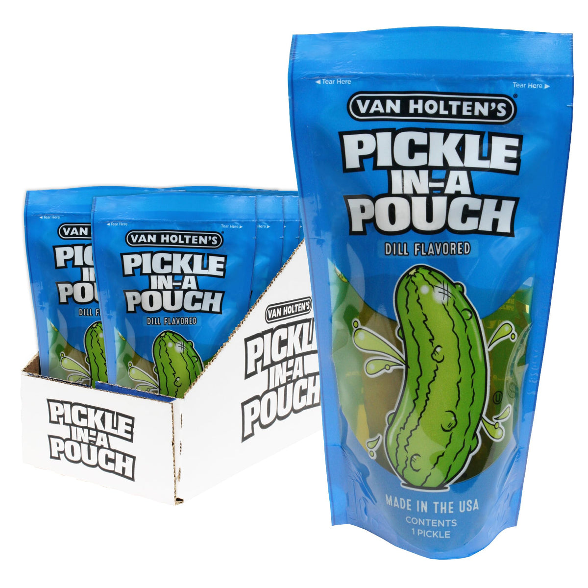 Van Holten's Jumbo Dill Pickle-In-A-Pouch 12-pack hero image ready for on-the-go snacking.