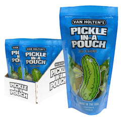 Van Holten's Jumbo Dill Pickle-In-A-Pouch 12-pack hero image ready for on-the-go snacking.