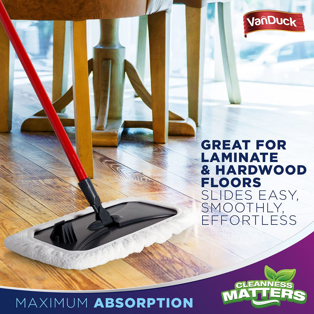 VanDuck thick terry fabric traps dust and debris on various floors.