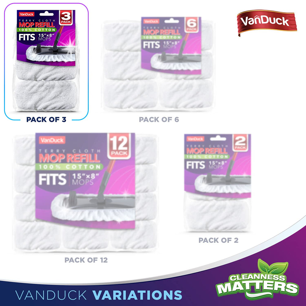 VanDuck terry cloth mop pads absorb spills with soft fibers.