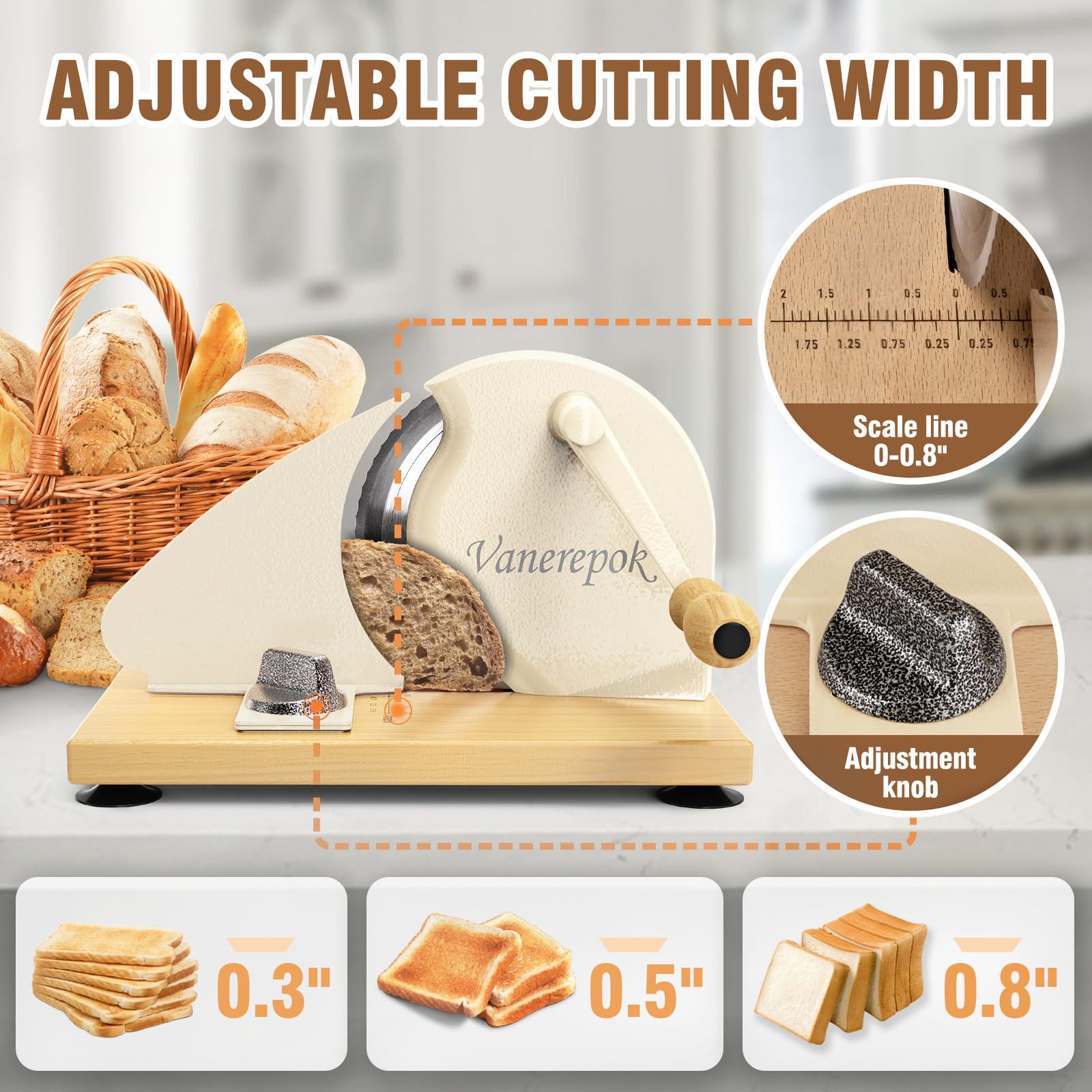 Vanerepok thickness control knob enabling precise slice thickness