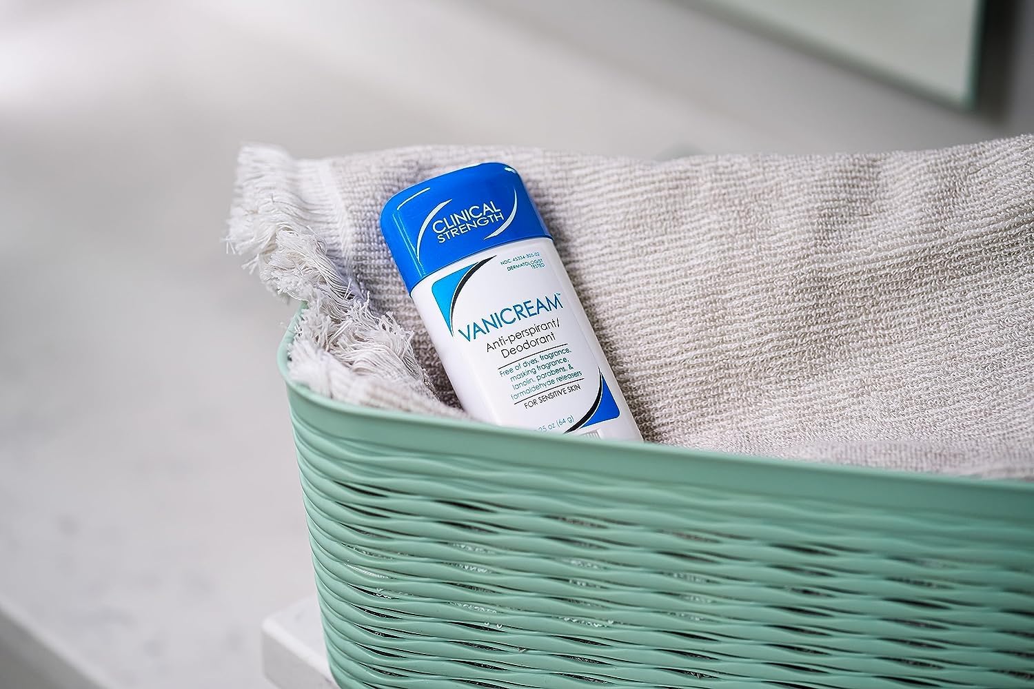 Close-up texture of Vanicream deodorant highlighting smooth glide-on for comfort