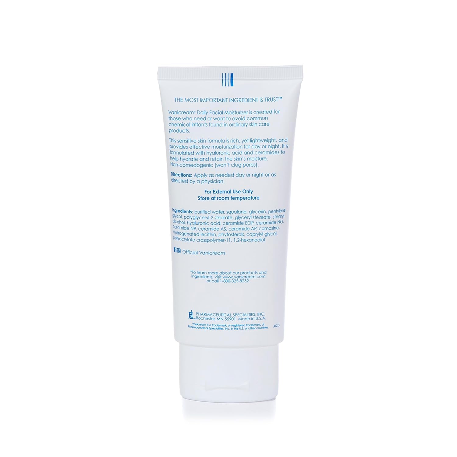 Vanicream moisturizer label shows ceramides and hyaluronic acid for hydration