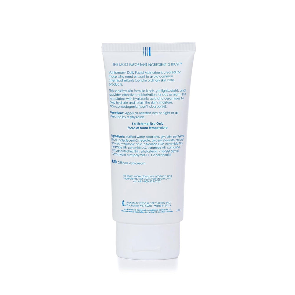 Vanicream moisturizer label shows ceramides and hyaluronic acid for hydration