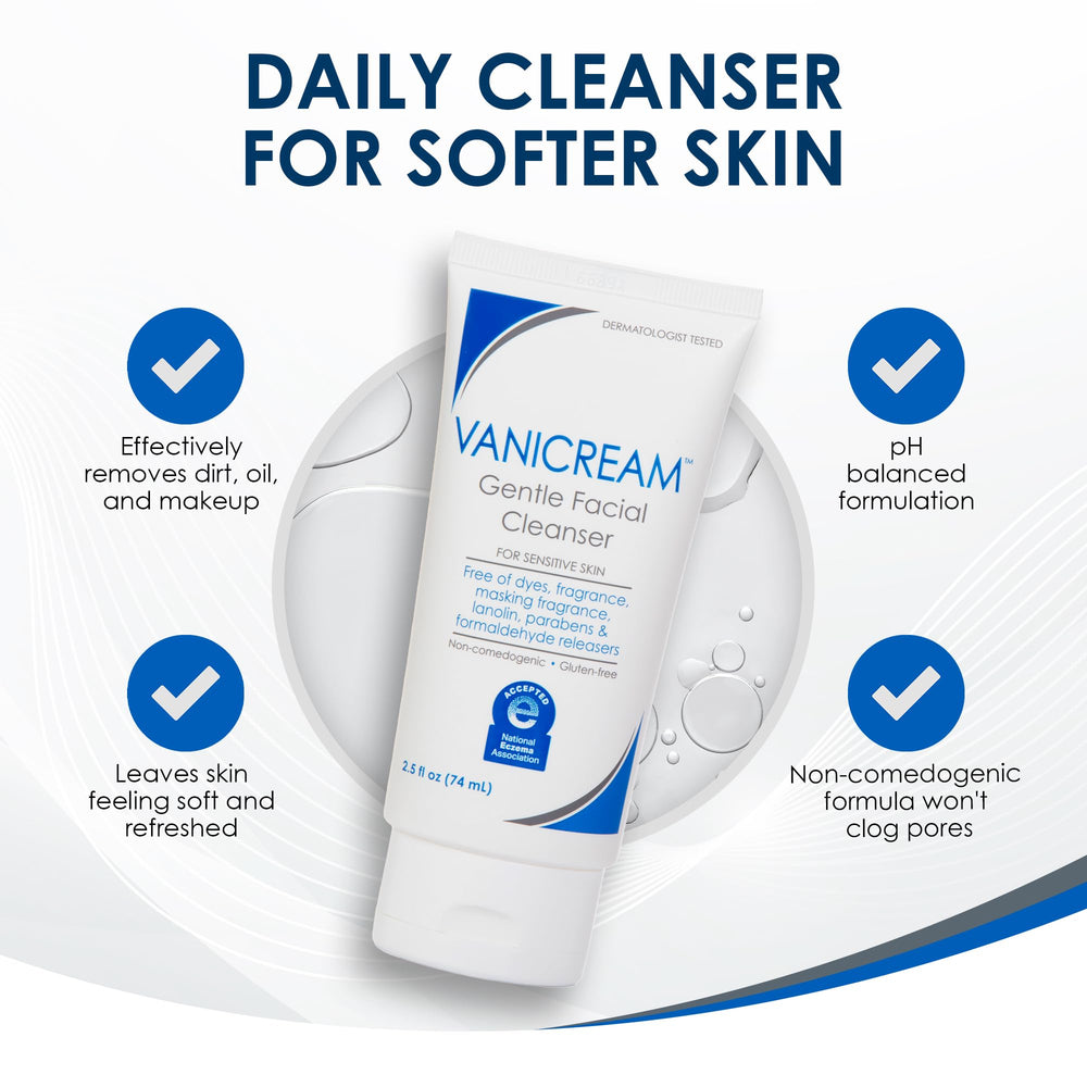 Vanicream Gentle Facial Cleanser dermatologist-accepted seal signals trusted, gentle cleansing.