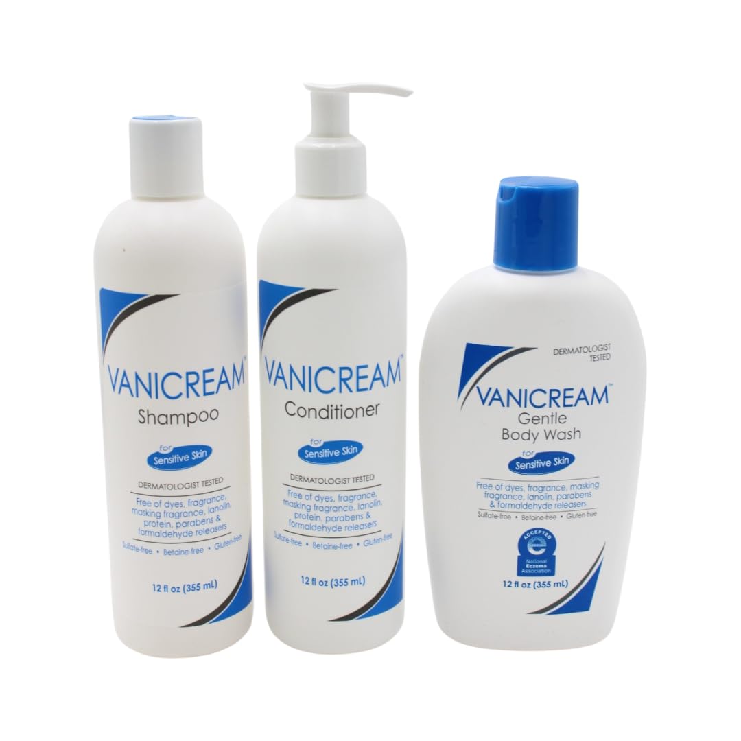 Vanicream shampoo bottle front, fragrance-free formula for gentle cleansing on sensitive scalps.
