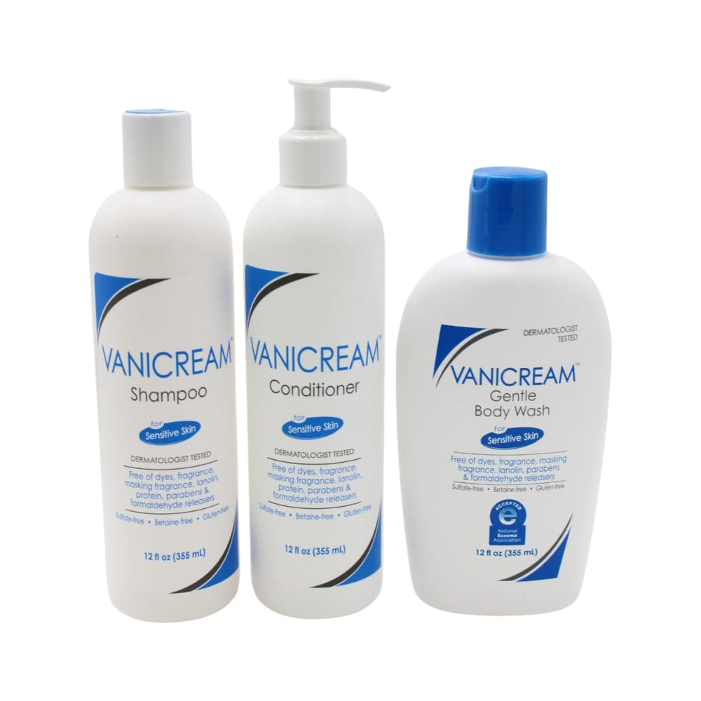 Vanicream shampoo bottle front, fragrance-free formula for gentle cleansing on sensitive scalps.