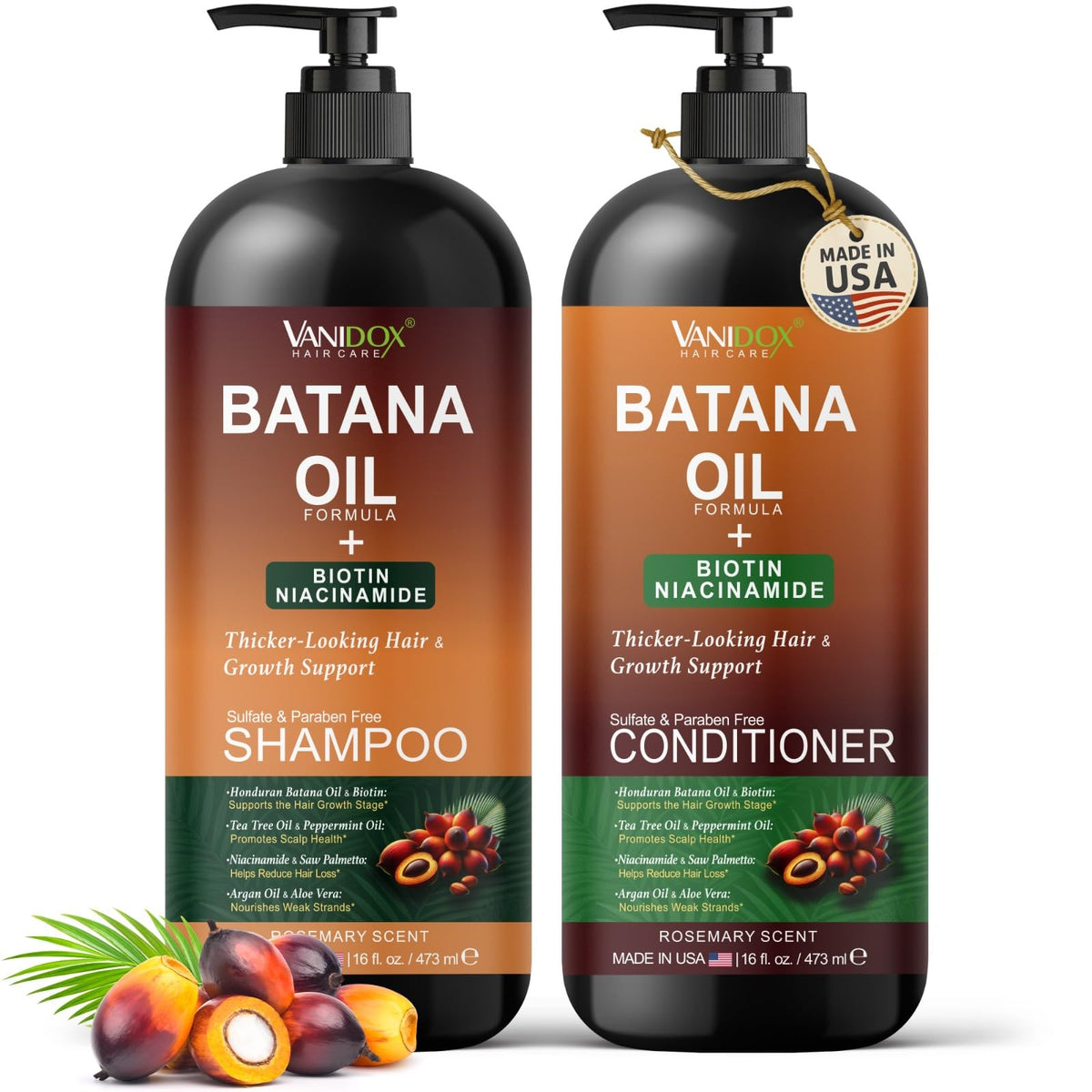 VANIDOX Batana Oil Shampoo bottle front view showing fuller-looking roots.