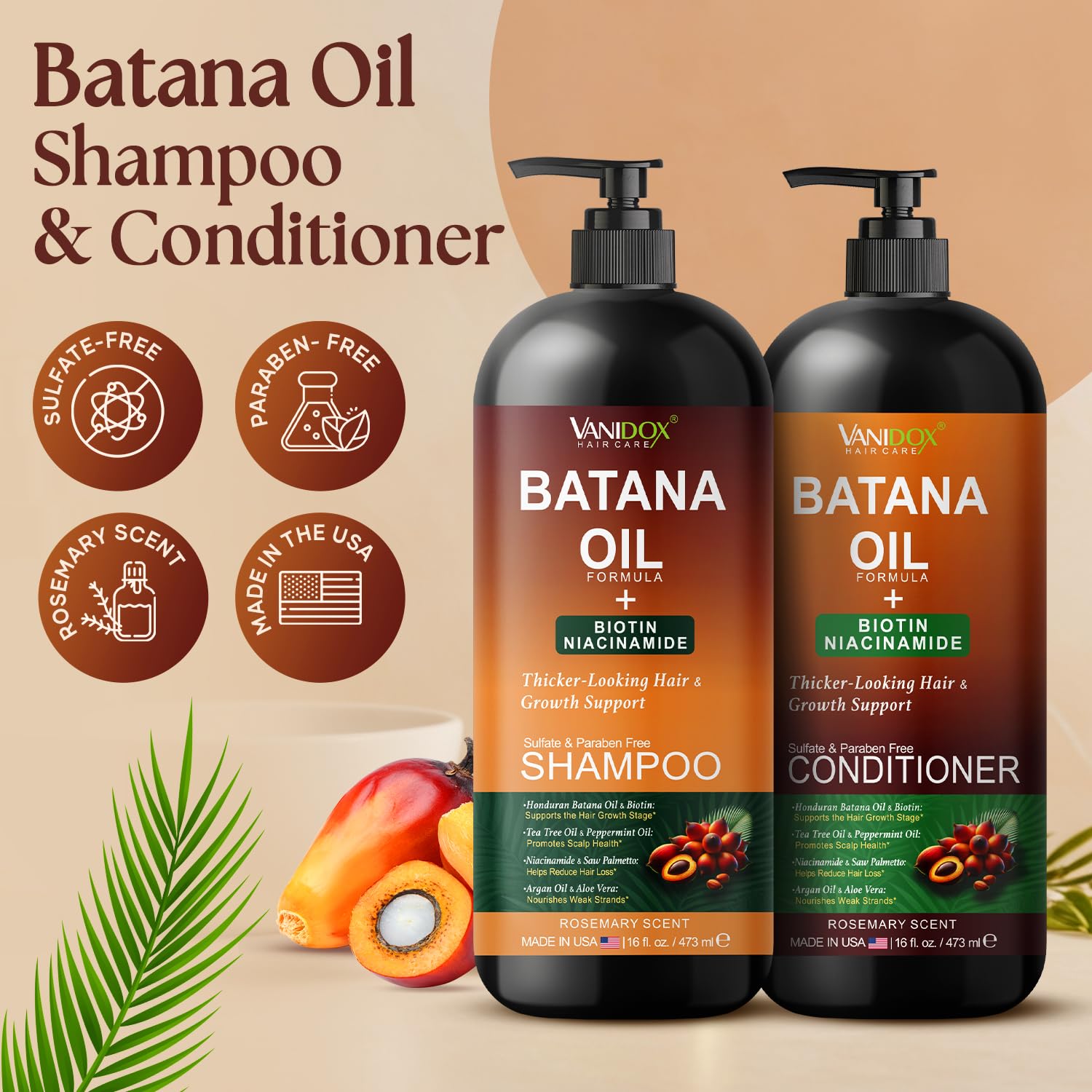 VANIDOX Batana Oil Shampoo bottle side angle with sulfate-free formula.