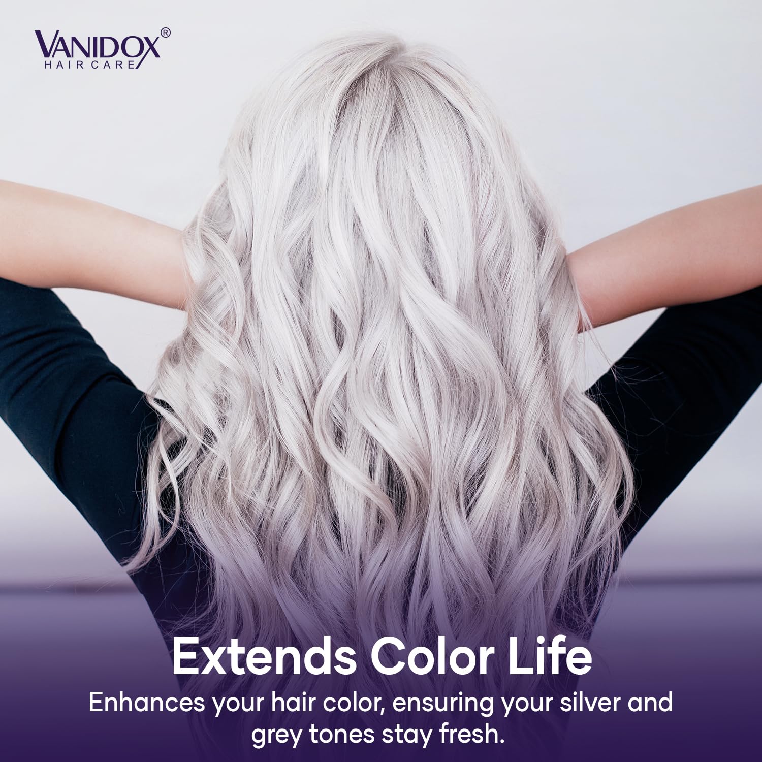 VanidoX gray hair before-and-after tone showing brass balancing effect.