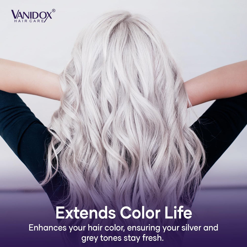 VanidoX gray hair before-and-after tone showing brass balancing effect.