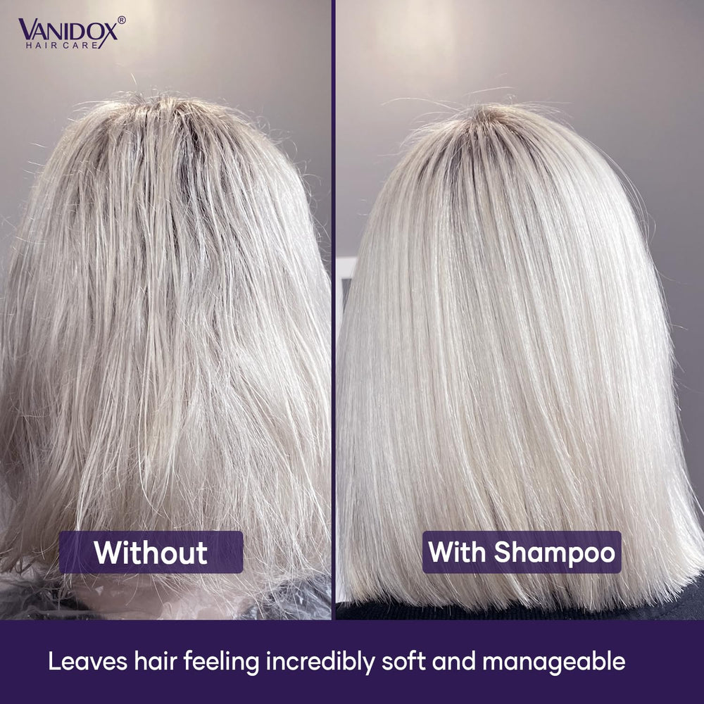 VanidoX shampoo bottle pouring to illustrate rich lather application.