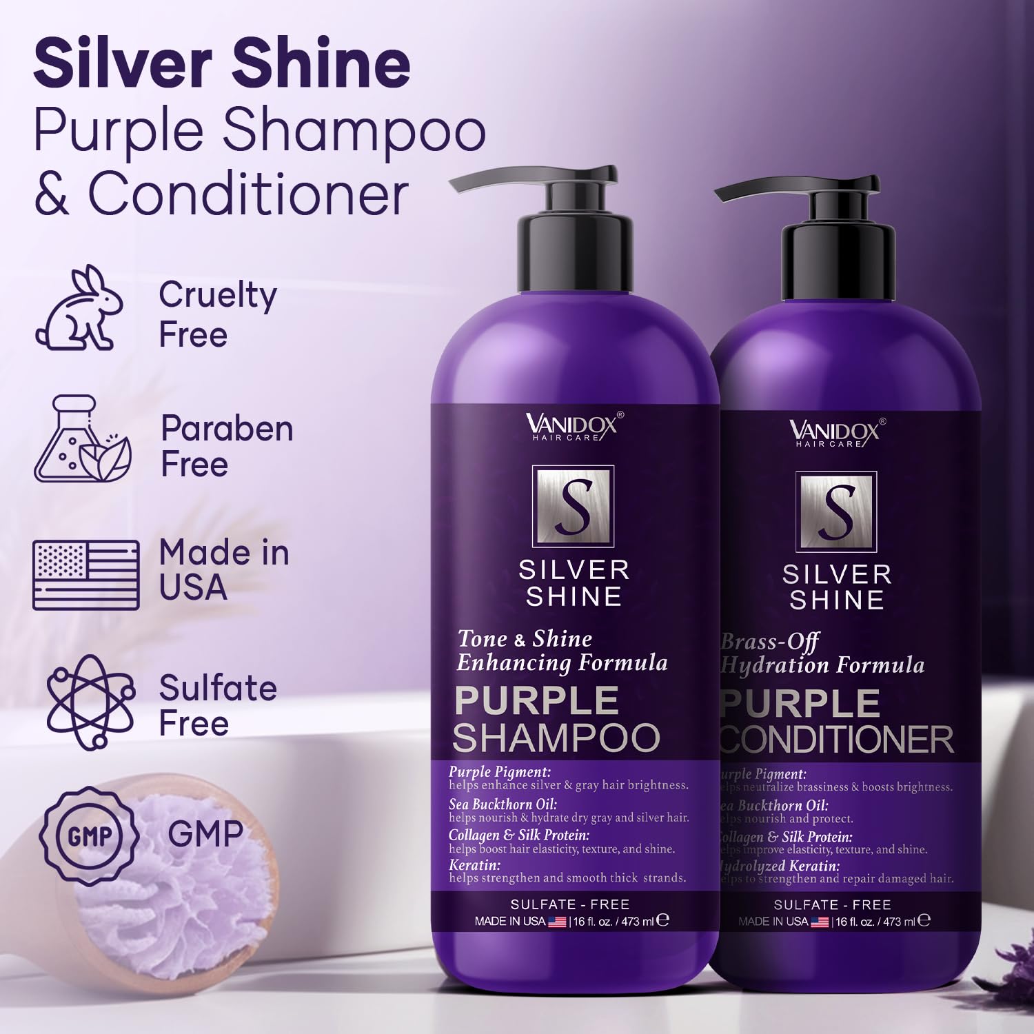 VanidoX purple conditioner tube highlighting moisturizing, color-safe care.