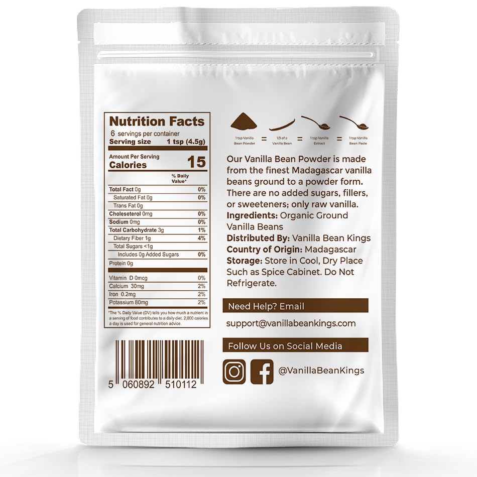 Vanilla Bean Kings powder scoop shows precise measuring for coffee and shakes.