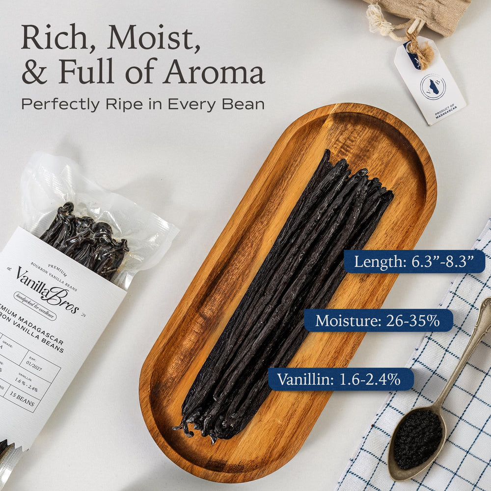 Fragrant Bourbon vanilla beans from VanillaBros suitable for desserts and beverages.