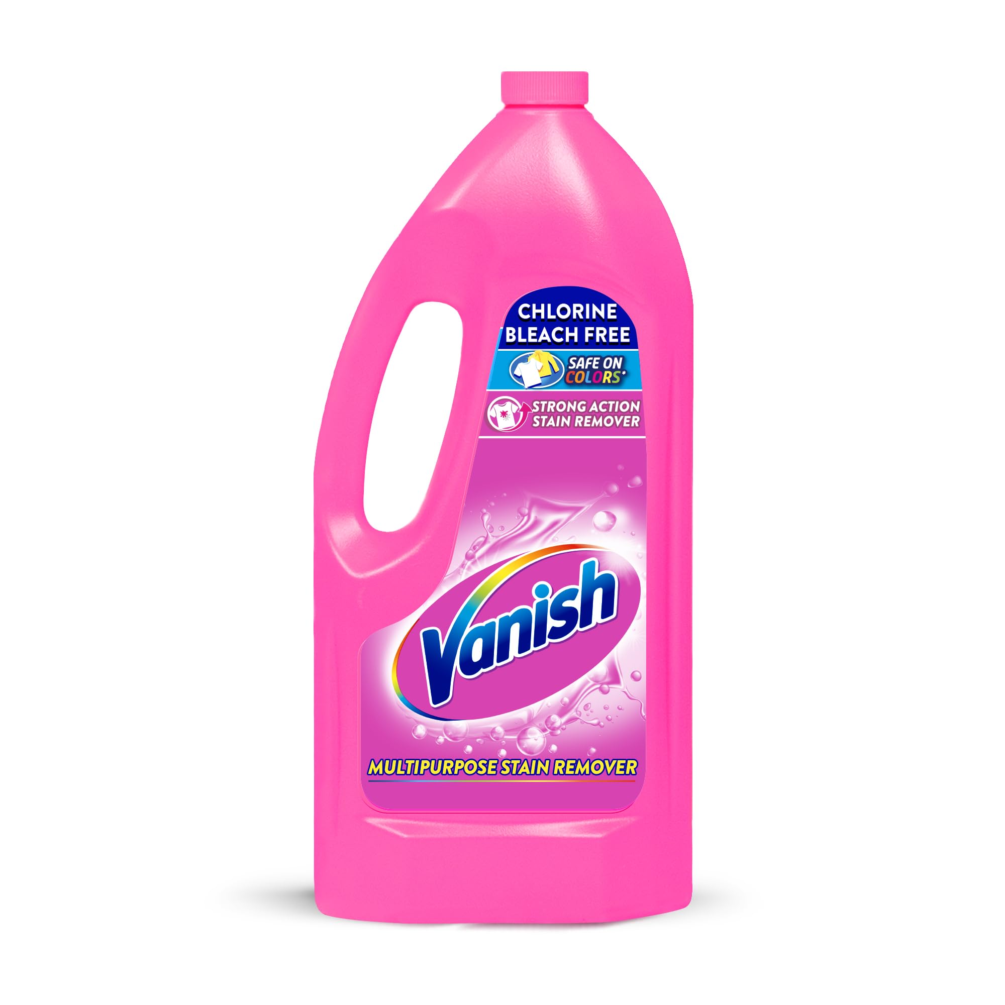 Vanish pink stain remover bottle front shows color-safe stain removal in action