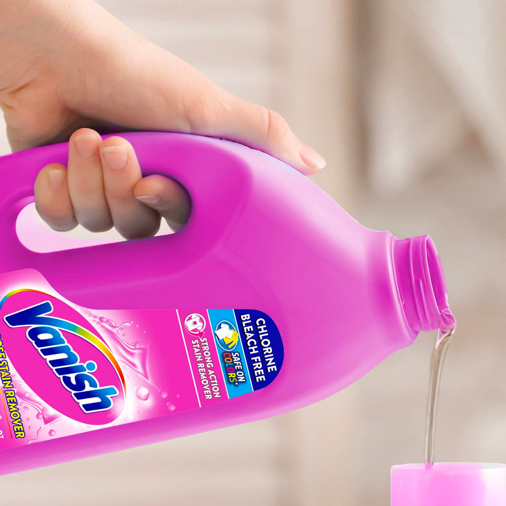 Vanish pink liquid stain remover in washing scenario for colored fabrics