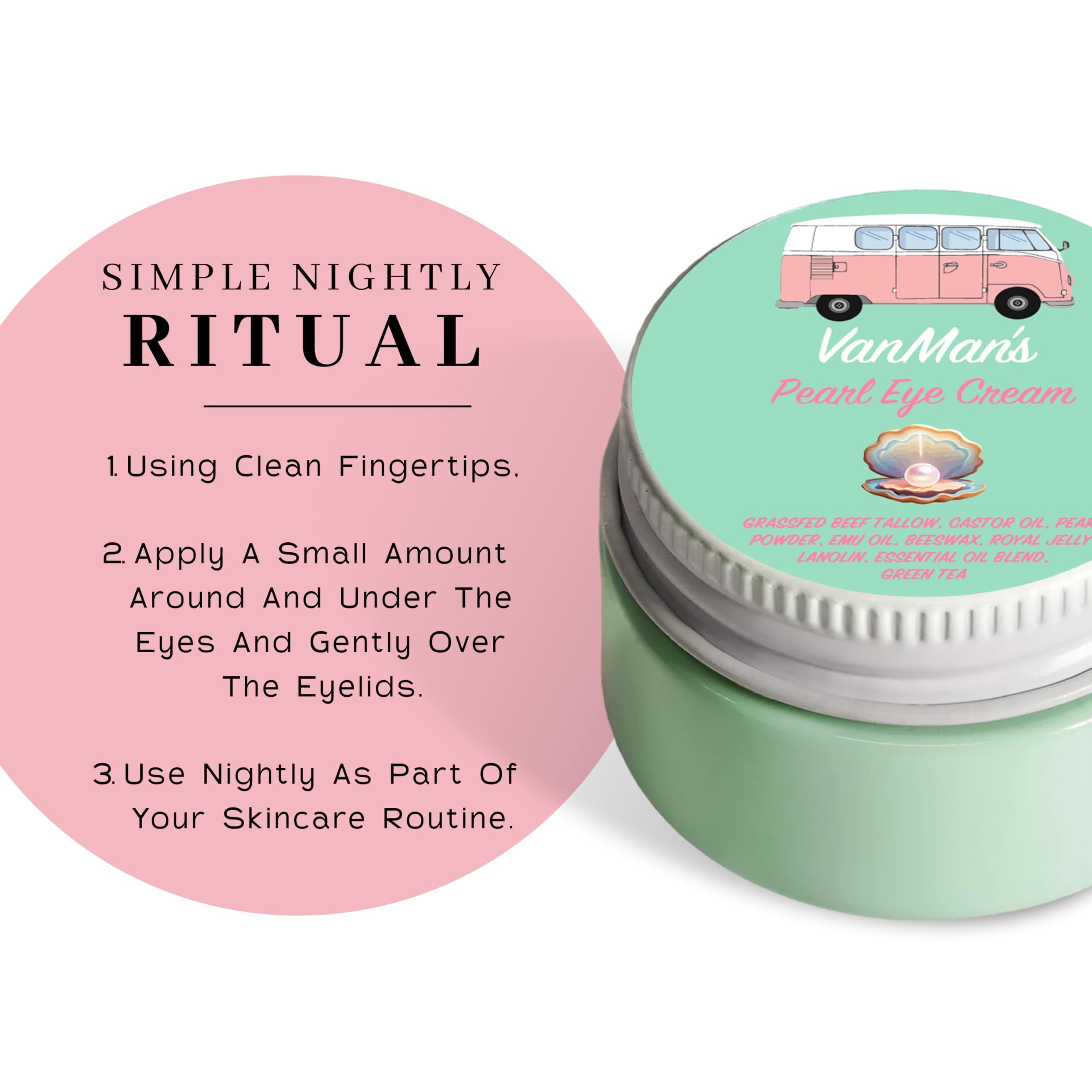 The VanMan Pearl Eye Cream displayed with a nighttime routine concept.