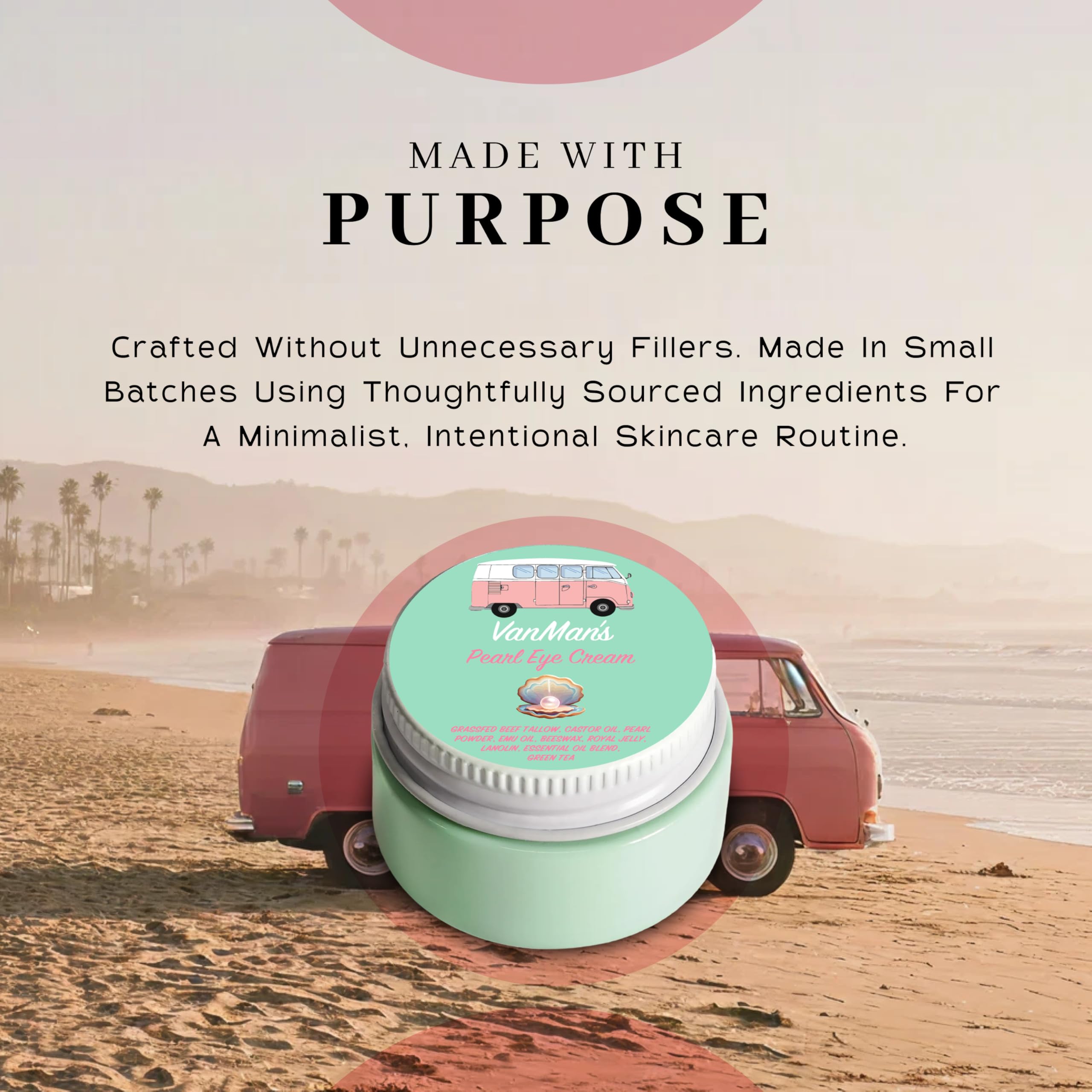 The VanMan Pearl Eye Cream packaging highlights grass-fed tallow base.