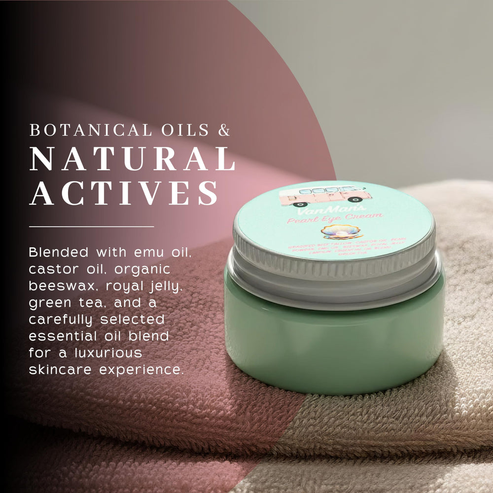 The VanMan Pearl Eye Cream jar emphasizes no fillers and clean formulation.