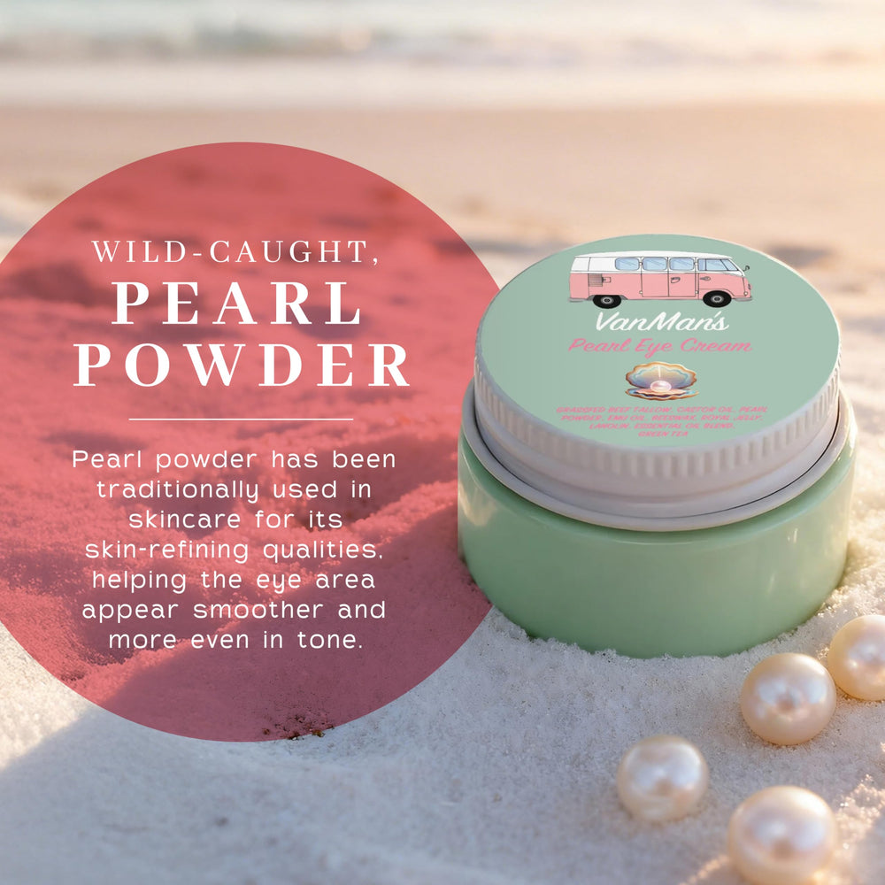 The VanMan Pearl Eye Cream bottle shows royal jelly for a nourishing formula.