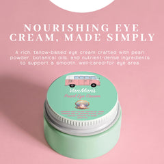 The VanMan Pearl Eye Cream texture closeup illustrates lightweight glide and hydration.