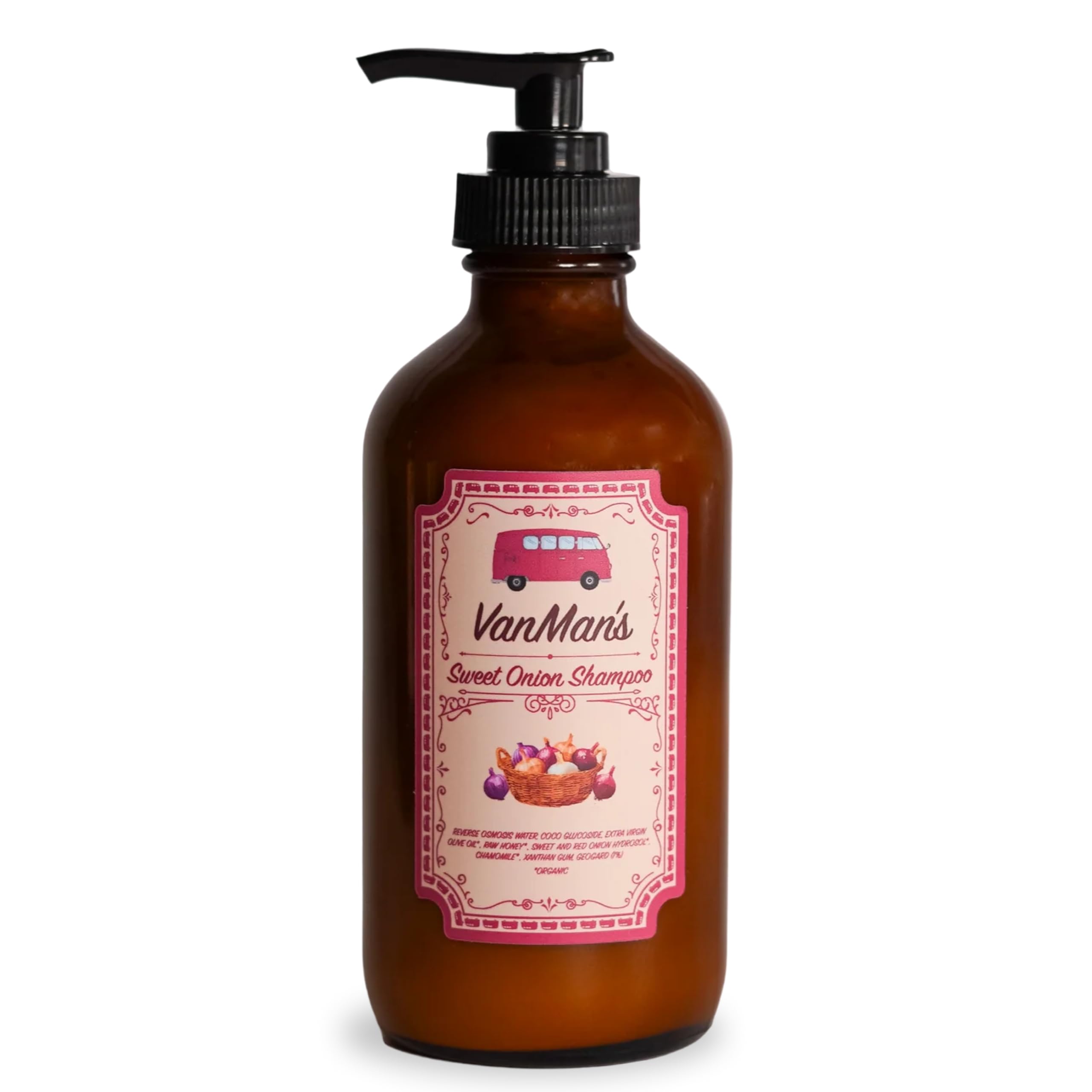 VanMan Sweet Onion Shampoo bottle front for all hair types with gentle cleansing.