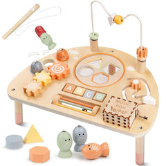 Vanplay 8-in-1 activity table with bead maze improves toddler coordination during play.