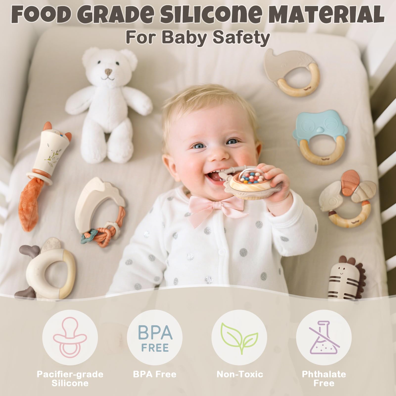 Vanplay animal-shaped teether with friendly design for motor skill practice.