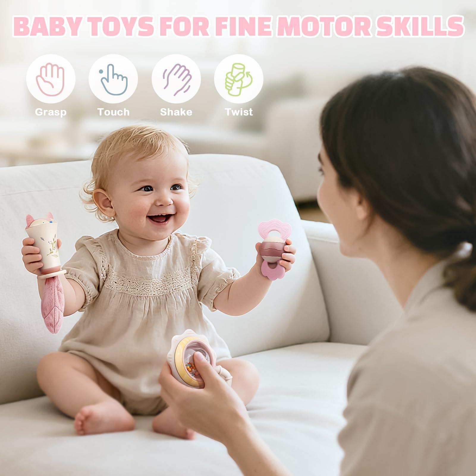 Vanplay baby playtime scene with rattles supporting exploration.