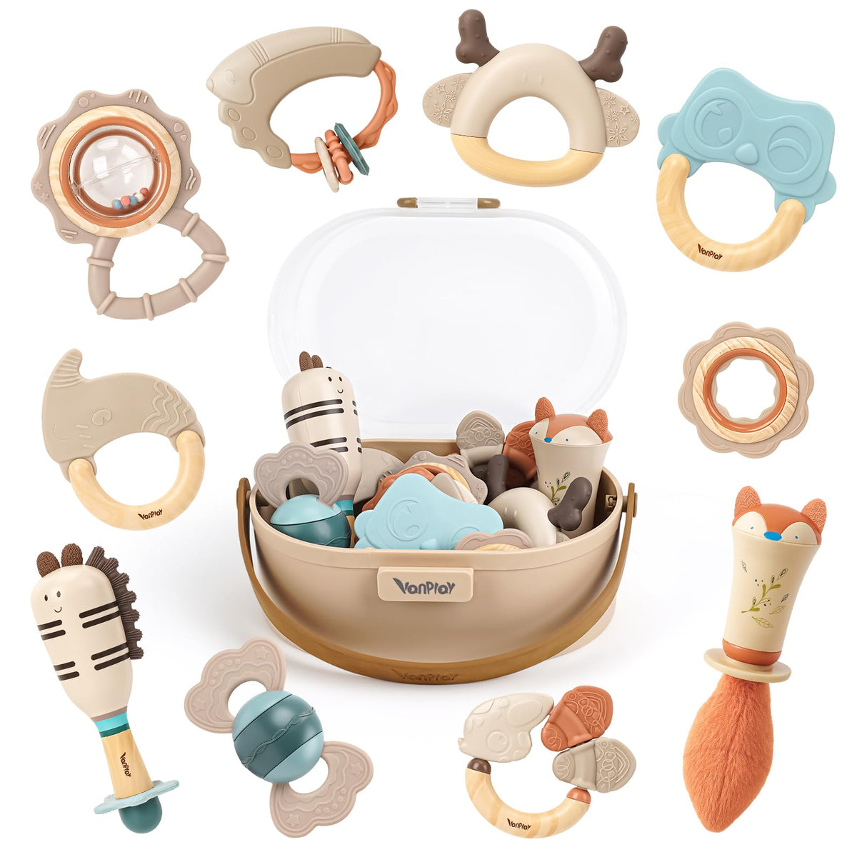 Vanplay 10-piece baby rattles and teethers set in soft silicone for early sensory play.