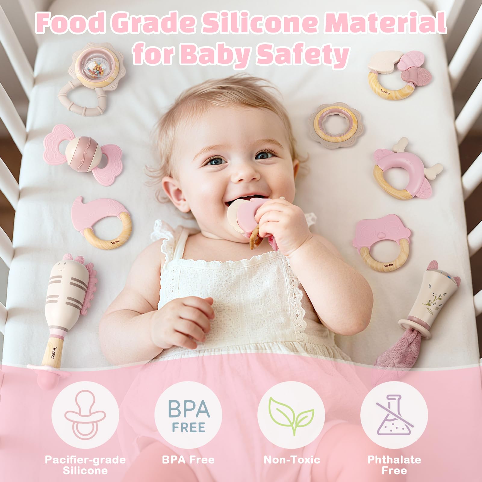 Vanplay dishwasher-safe rattle set for quick cleaning and ready play.
