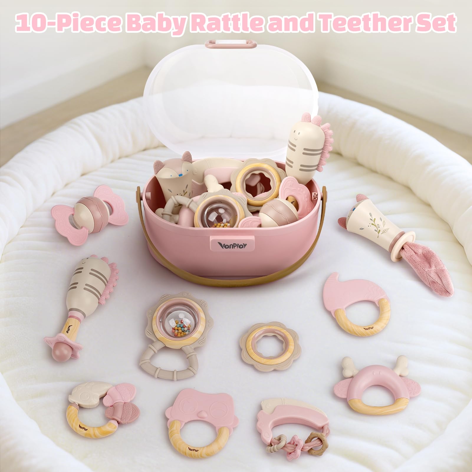 Vanplay pink silicone teether for soothing sore gums during teething.