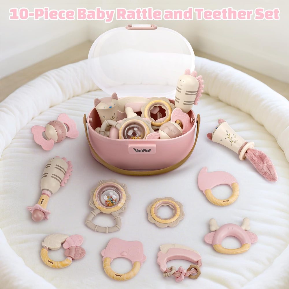 Vanplay pink silicone teether for soothing sore gums during teething.