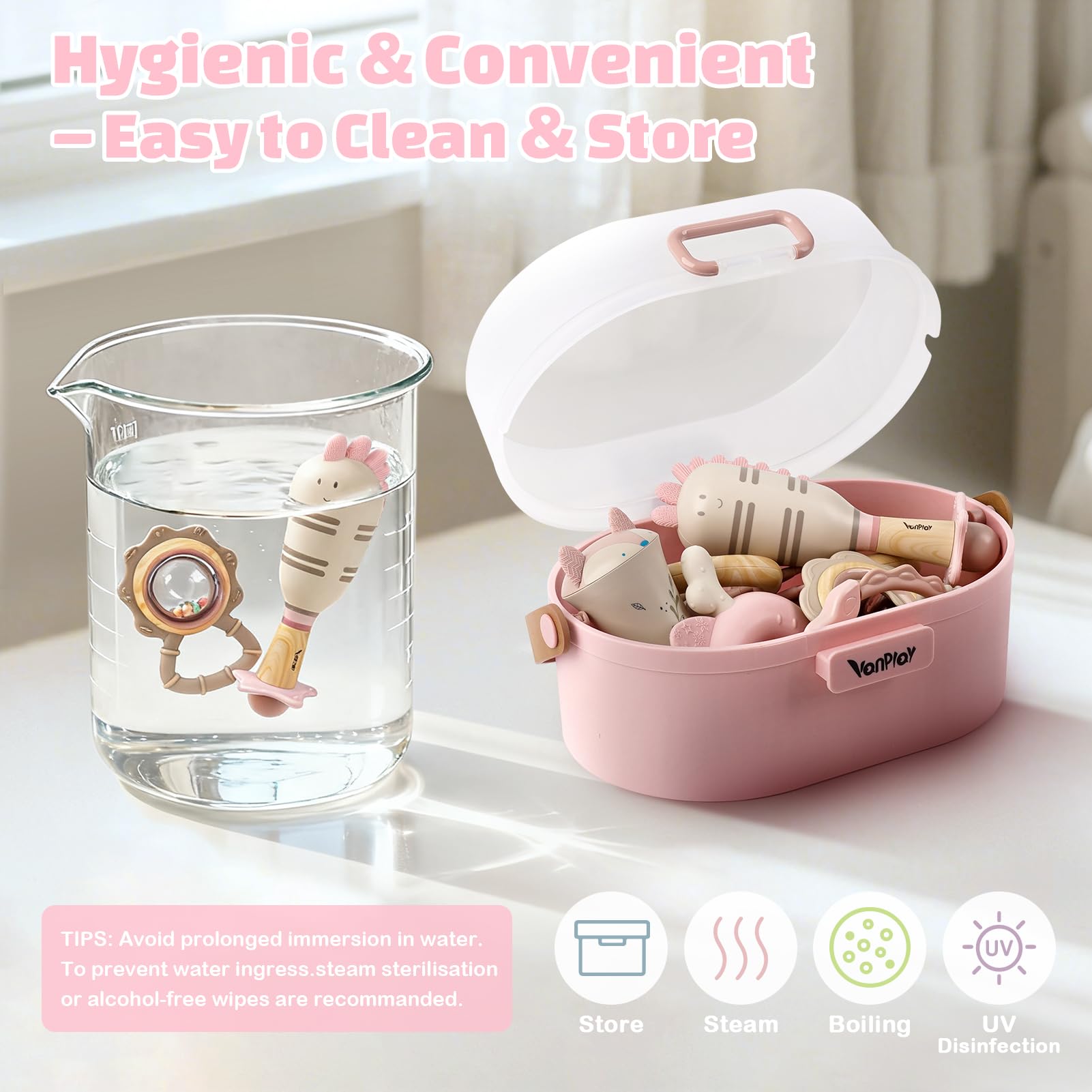 Vanplay rattles with varied textures for engaging sensory play.
