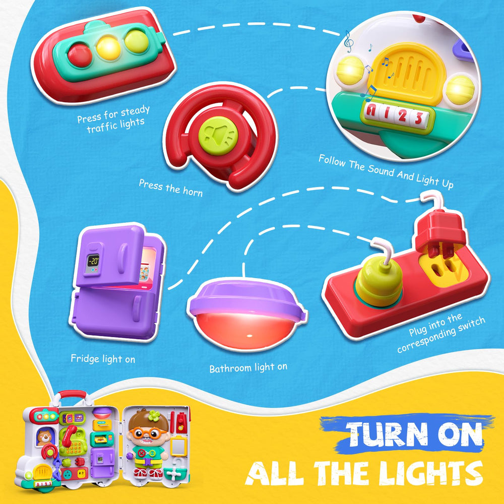 Vanvimen sensory busy board with colors, shapes, and sounds for exploration.