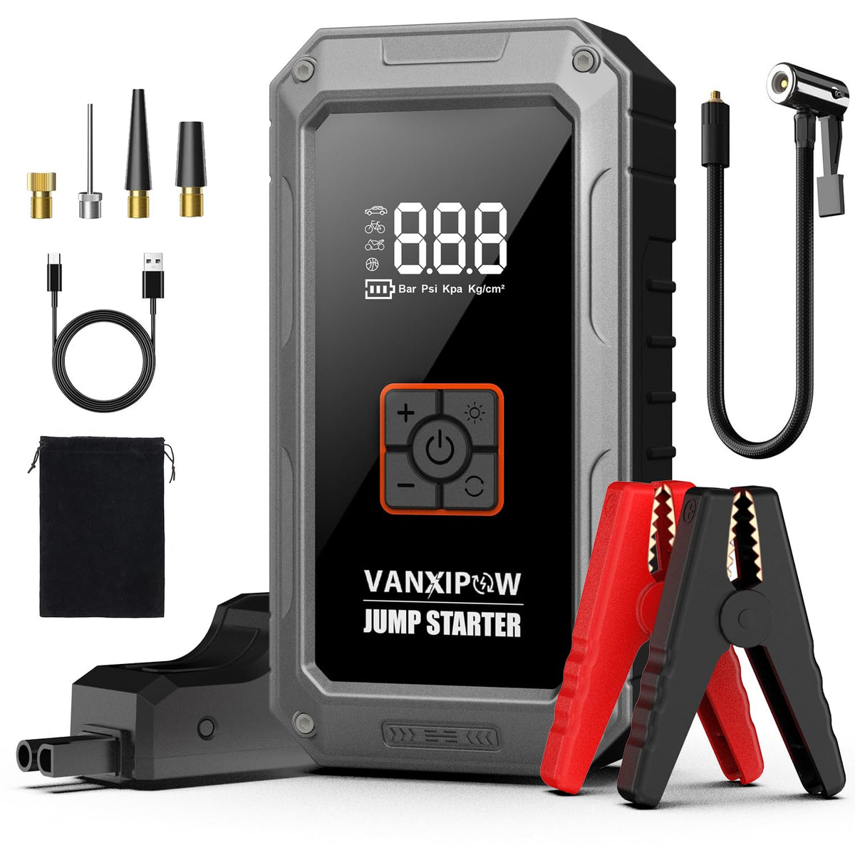 VANXIPOW M1 jump starter front view showing compact portability and power