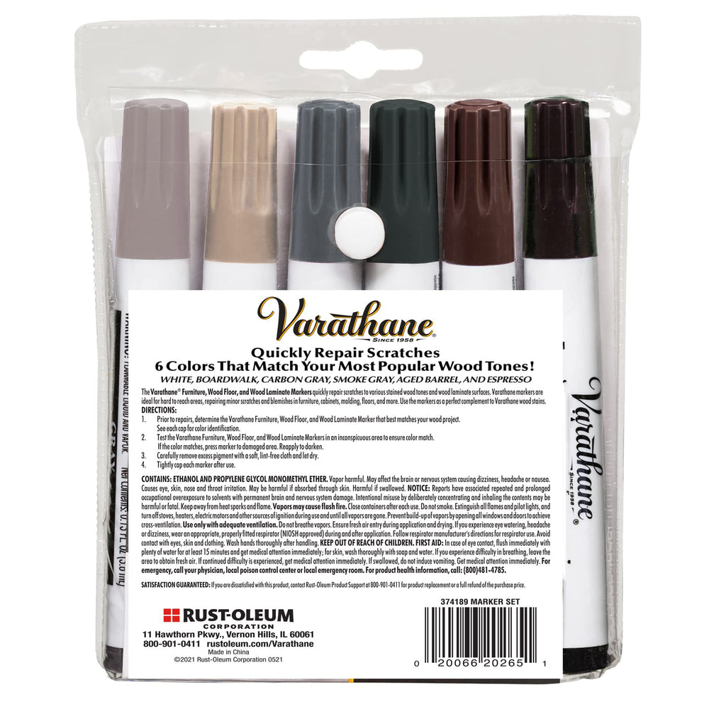 Varathane 374189 color assortment showing six shades for seamless cabinet repairs.