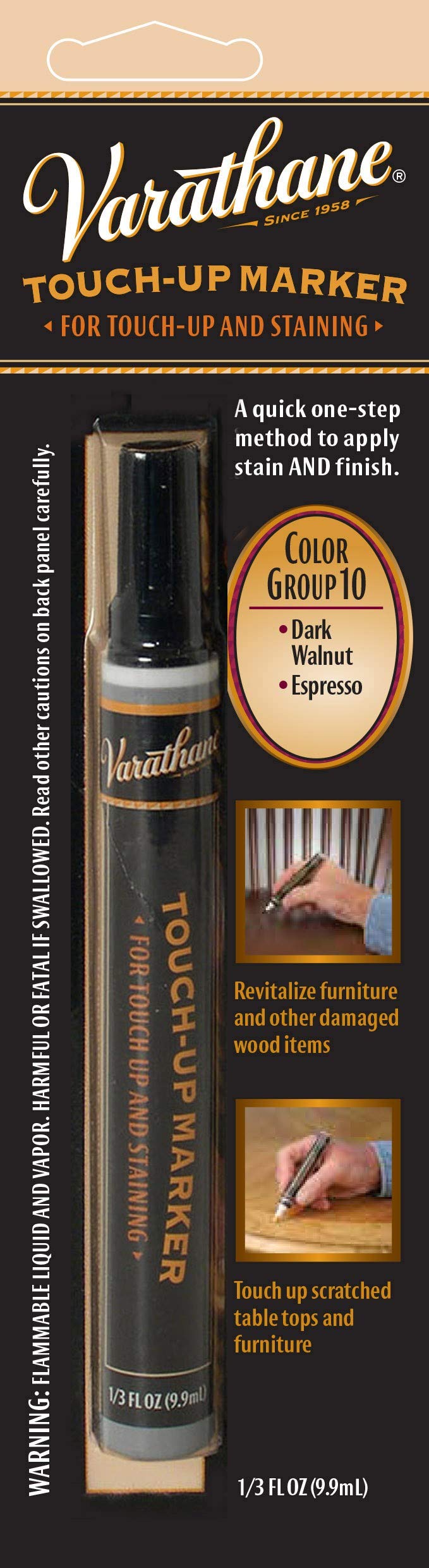 Varathane wood stain touch-up marker cap close-up for precise color matching on dark walnut espresso.