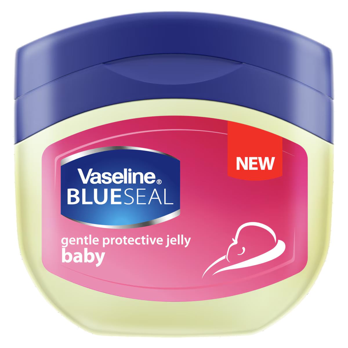Vaseline Blueseal Baby Jar Closeup showing a silky jelly for daily moisture protection.