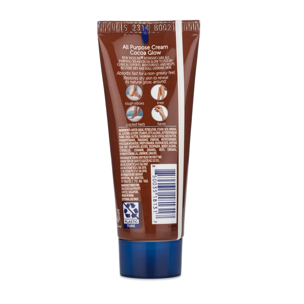 Person applying Vaseline Cocoa Glow on hands for smoother skin.